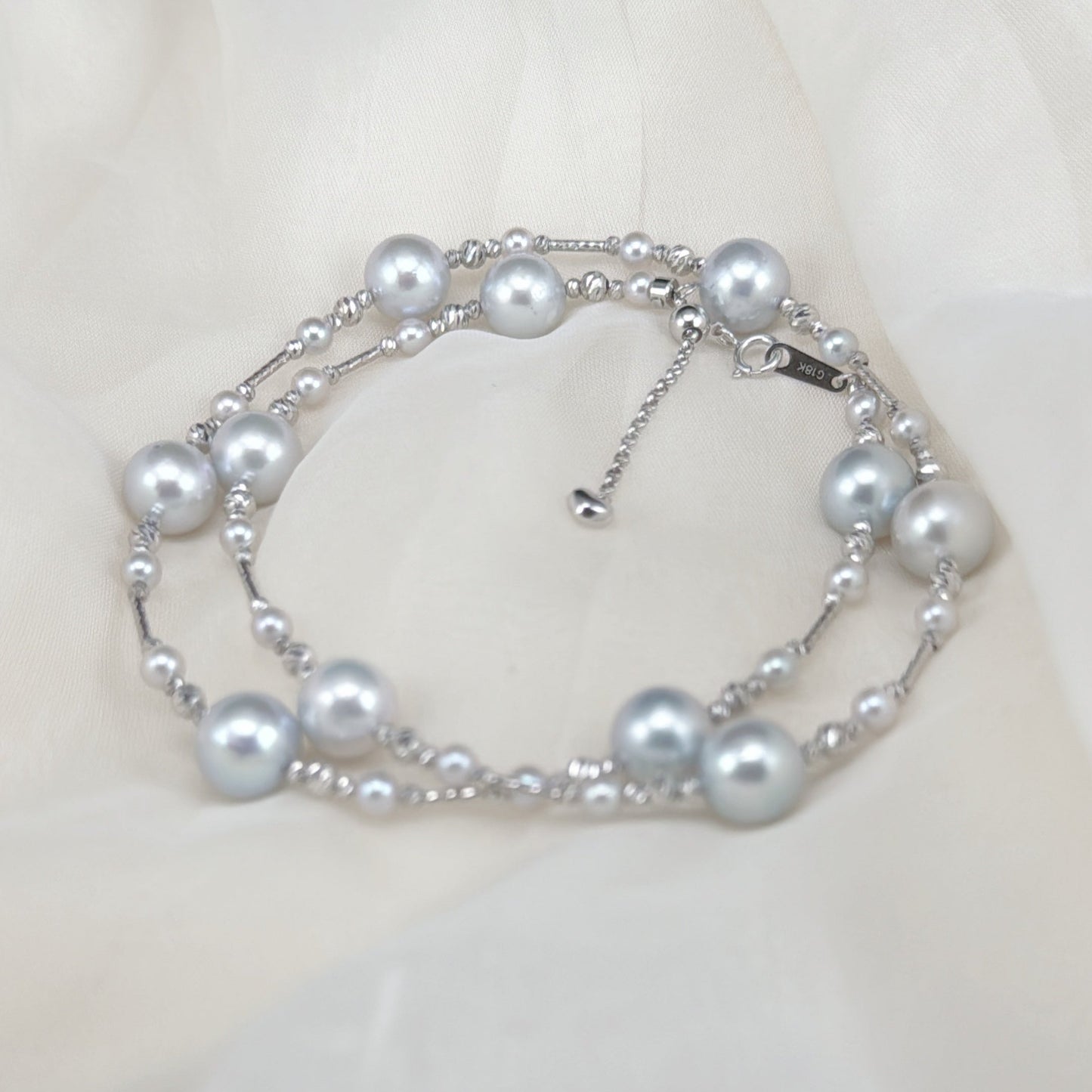 Akoya Pearl Stationed Necklace in 18K White Gold, 8-8.5mm,4-4.5mm