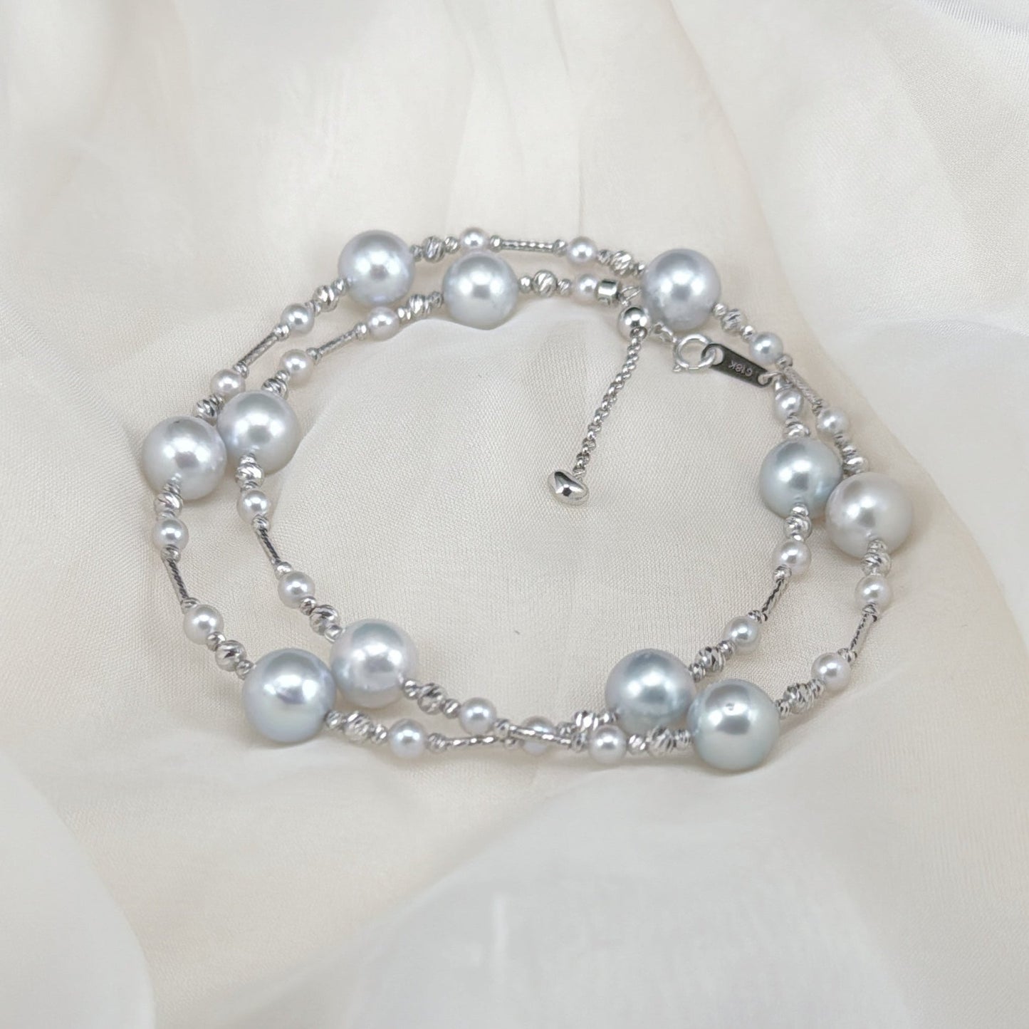 Akoya Pearl Stationed Necklace in 18K White Gold, 8-8.5mm,4-4.5mm