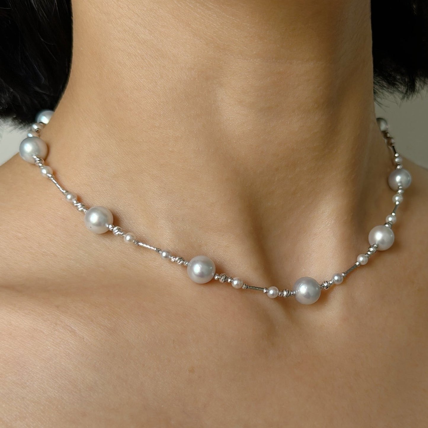 Akoya Pearl Stationed Necklace in 18K White Gold, 8-8.5mm,4-4.5mm