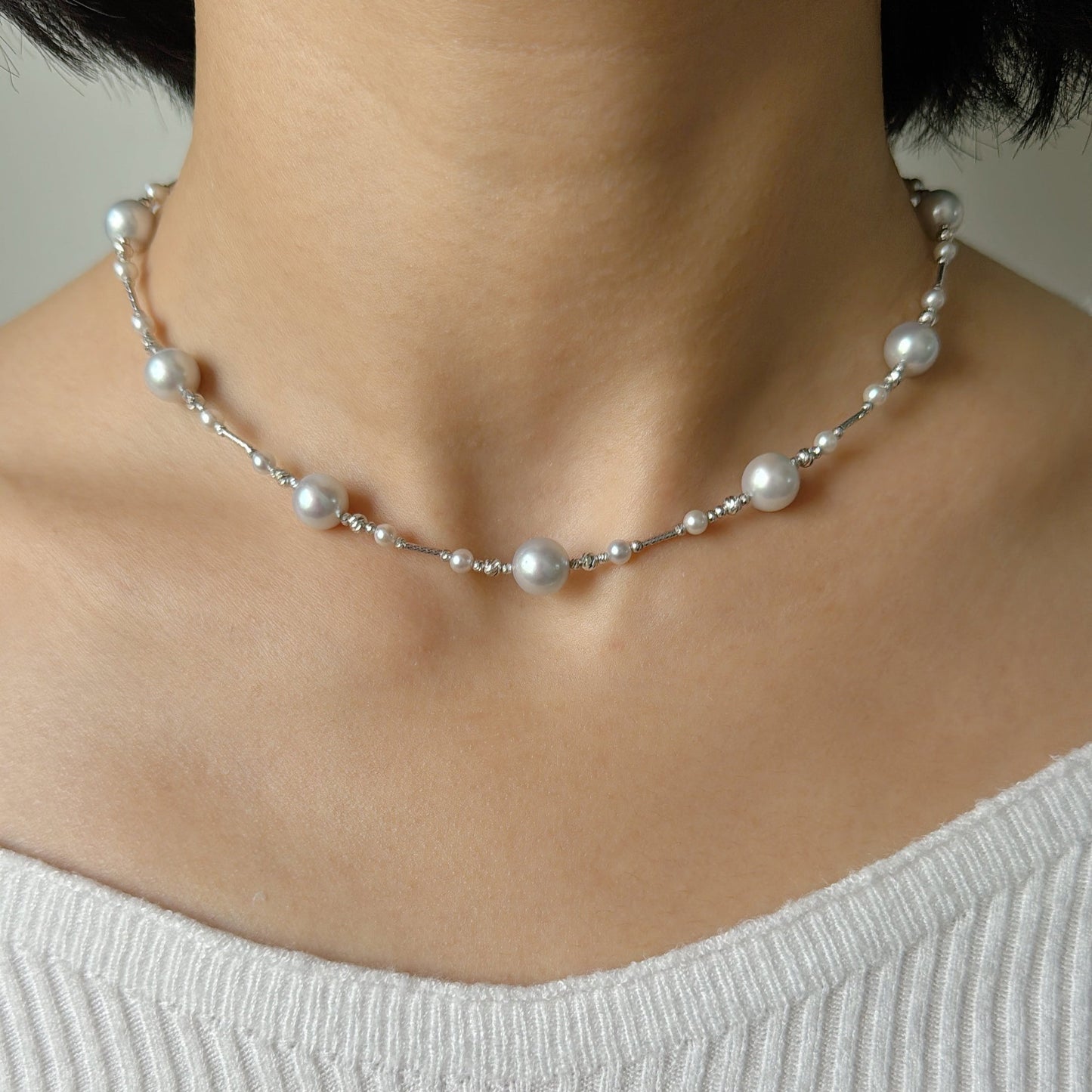 Akoya Pearl Stationed Necklace in 18K White Gold, 8-8.5mm,4-4.5mm