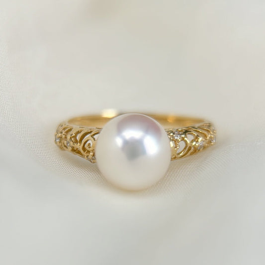 Akoya Pearl Ring in 18K Yellow Gold with Diamond, 8-8.5mm,d0.072ct