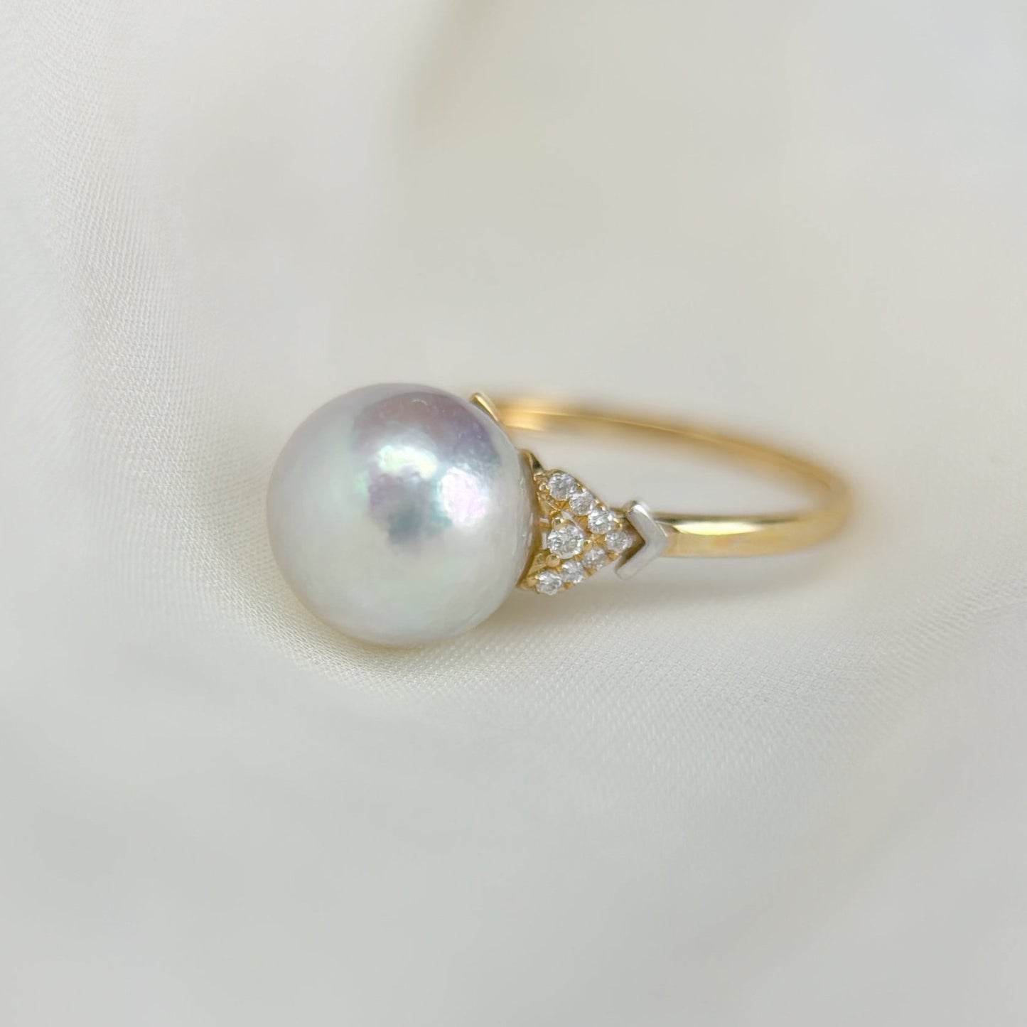 Blue Akoya Pearl Ring in 18K Yellow Gold with Diamond, 9.5-10mm,d0.074ct