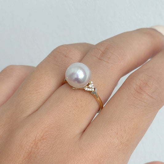 Blue Akoya Pearl Ring in 18K Yellow Gold with Diamond, 9.5-10mm,d0.074ct