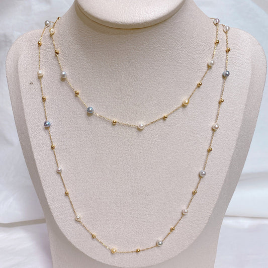 Candy Colour Akoya Pearl Stationed Necklace in 18K Yellow Gold, 3-3.5mm,80cm