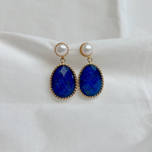 Yellow Gold Plated Sterling Silver Freshwater Pearl Earrings with Blue Lapis Lazuli, ER28