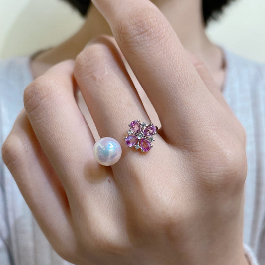 Akoya Pearl and Pink Sapphire Ring in 18K White Gold with Diamond, ps0.7ct,d0.045ct,8-8.5mm