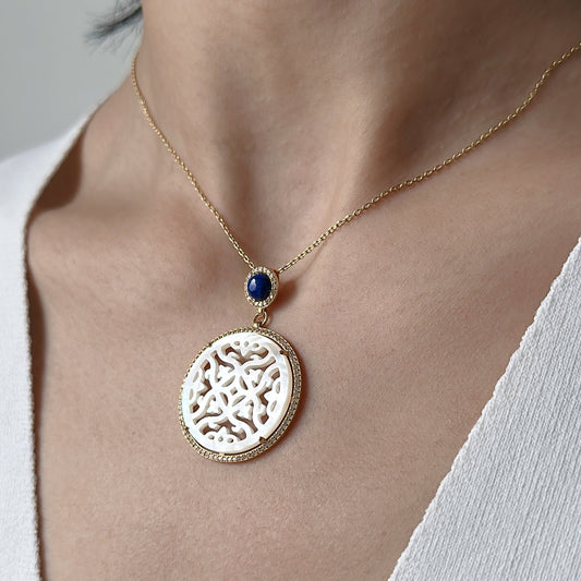 Yellow Gold Plated Sterling Silver Necklace with Mother of Pearl and Blue Lapis Lazuli, NL12